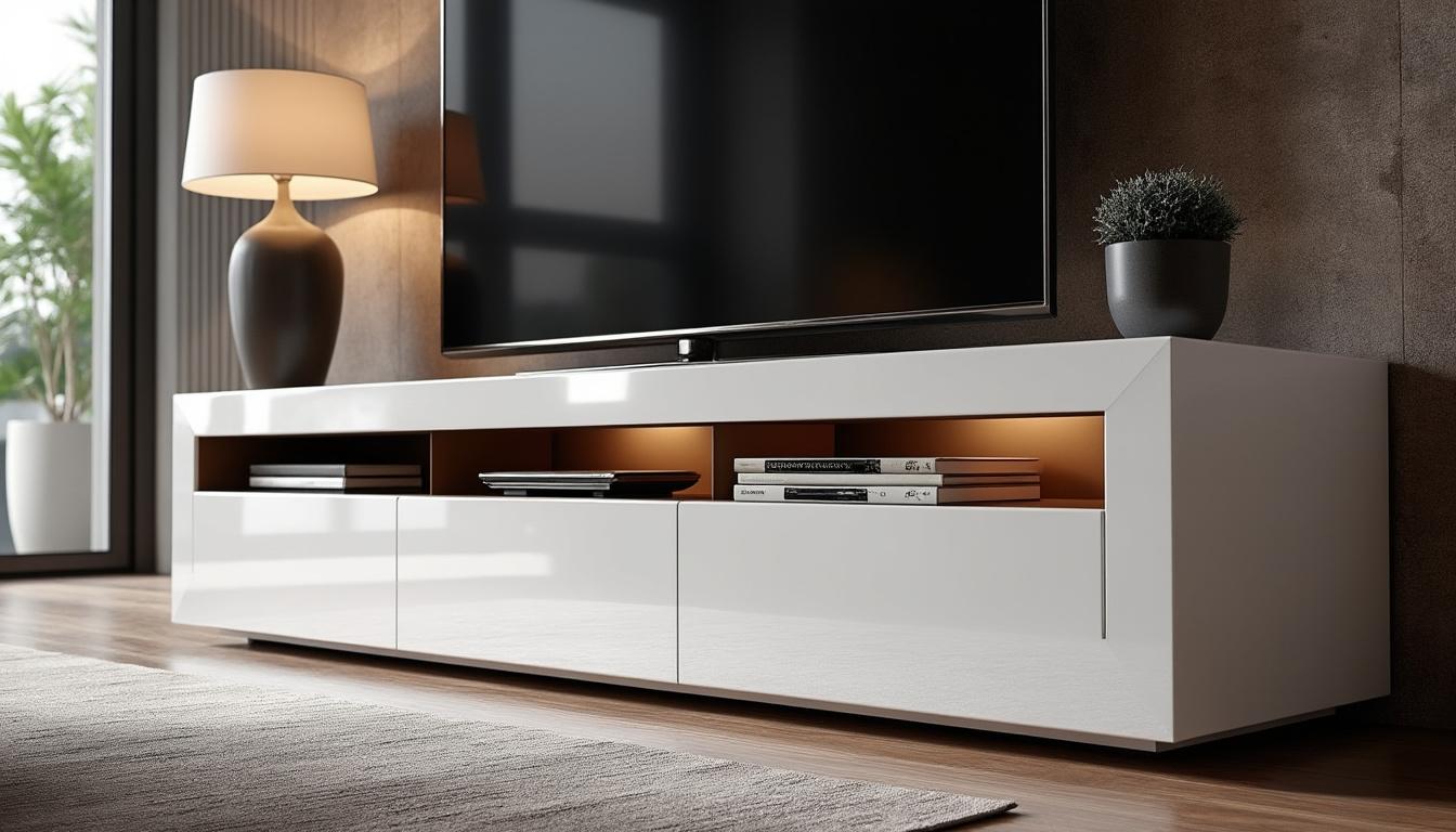 découvrez le meuble tv design blanc laqué cavalli, une pièce élégante alliant modernité et style. parfait pour sublimer votre intérieur, il offre une allure contemporaine tout en optimisant votre espace. idéal pour les amateurs de design raffiné.