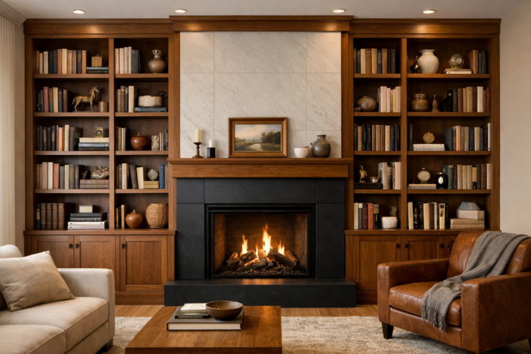 cheminée dans une bibliothèque