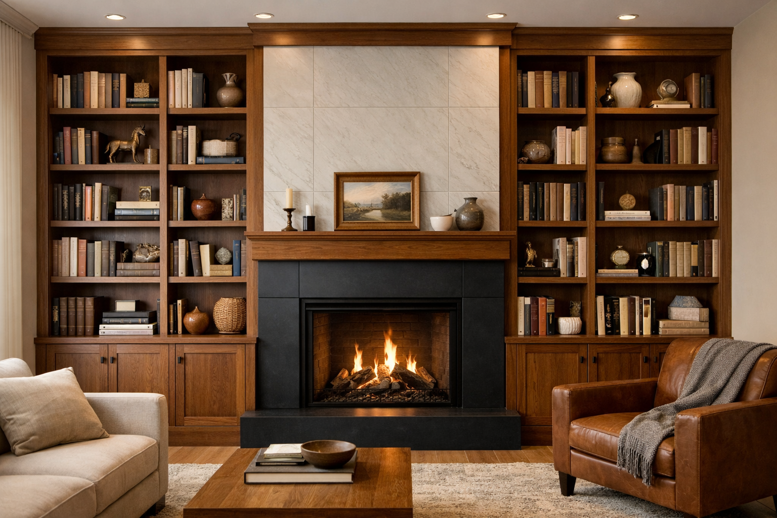 cheminée dans une bibliothèque