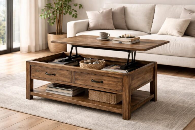 découvrez notre table basse relevable en bois vintage, un meuble astucieux qui allie style rétro et gain de place pour votre salon.