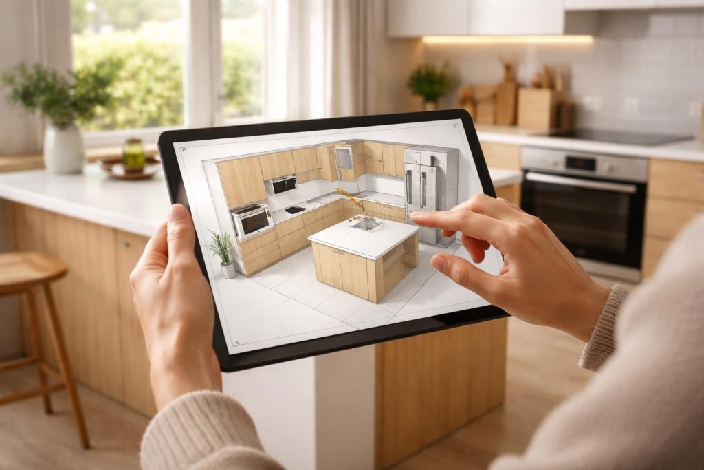 découvrez comment optimiser le placement des meubles de votre cuisine grâce à une tablette tactile pour une organisation pratique et moderne.