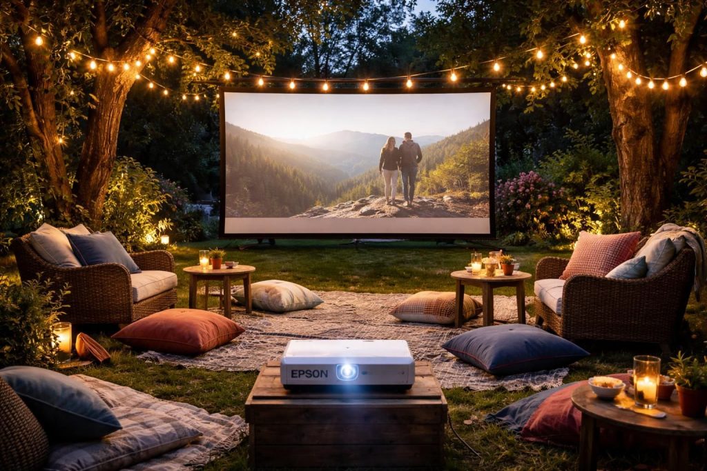 profitez d'une soirée cinéma en plein air dans votre jardin avec un vidéoprojecteur epson pour une expérience visuelle exceptionnelle.