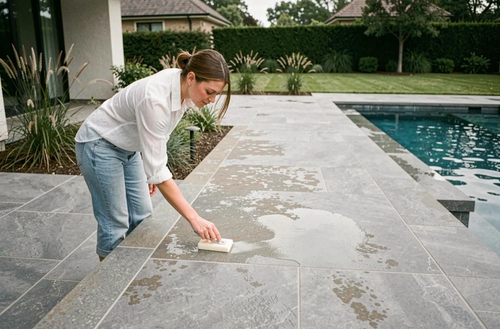 Femme appliquant un produit hydrofuge sur des margelles en grès d'une piscine contemporaine sur une terrasse moderne