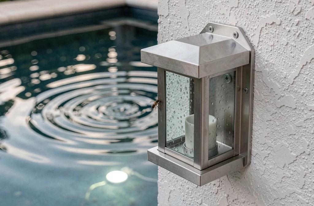 Gros plan d'une applique étanche en inox installée sur un mur de piscine avec reflets de lumières dans l'eau