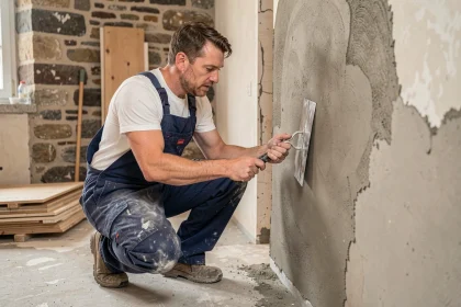 Artisan en salopette bleue lissant un mur plâtré dans un appartement en rénovation à Strasbourg
