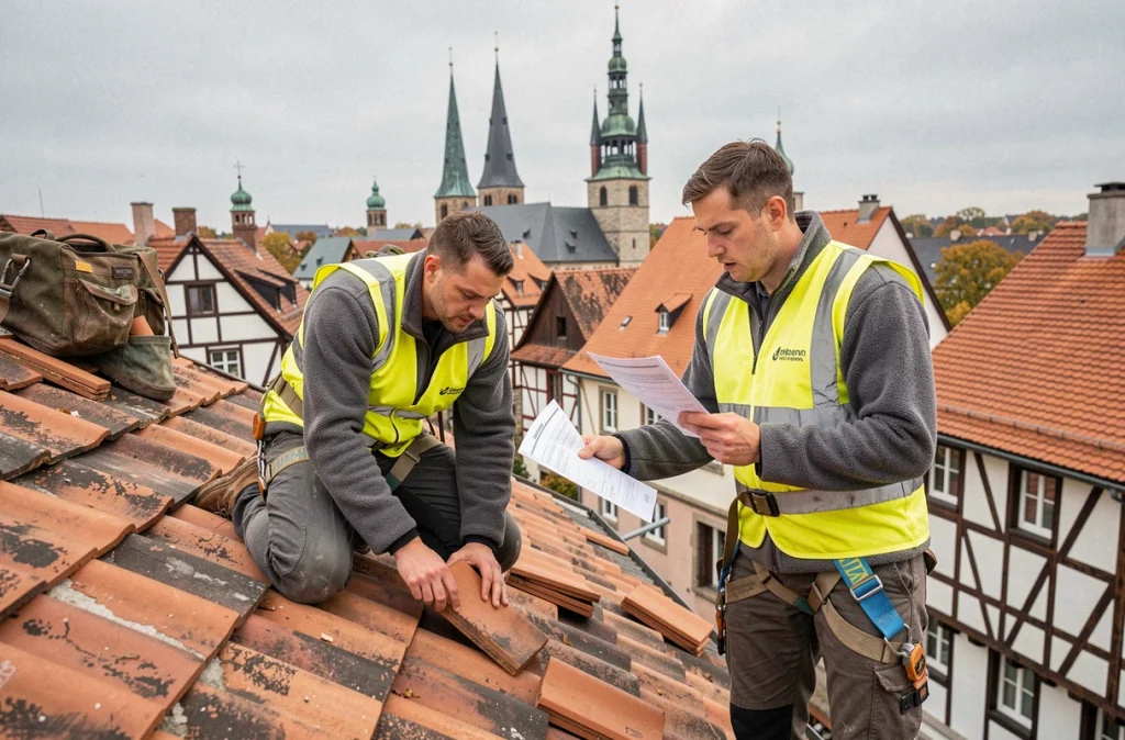 Deux artisans réparant la toiture d'un bâtiment à colombages avec la skyline de Strasbourg en arrière-plan