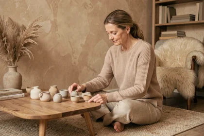 Femme arrangeant des objets décoratifs hygge sur une table basse en bois dans un salon cosy aux tons neutres