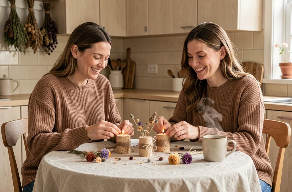Deux femmes réalisant ensemble des bougeoirs artisanaux hygge autour d'une table de cuisine en ambiance cosy