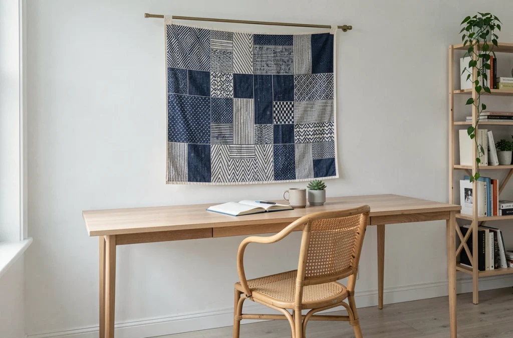 Bannière textile en coton imprimé indigo suspendue sur un mur dans un bureau à domicile de style scandinave