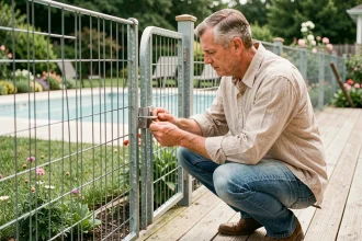 Homme inspectant le loquet d'une barrière de sécurité autour d'une piscine familiale dans un jardin