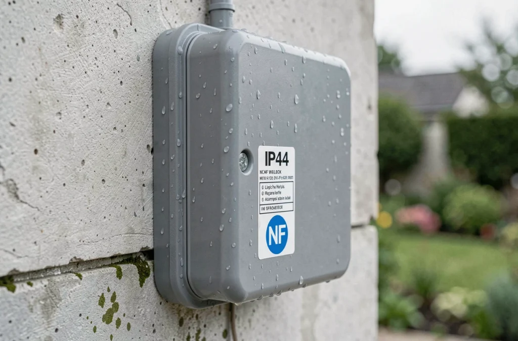 Boîtier électrique IP44 avec marquage NF fixé sur mur extérieur béton avec joint d'étanchéité visible