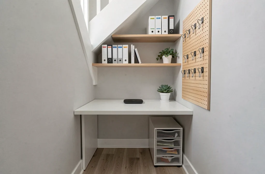 Bureau compact aménagé sous un escalier avec des rangements sur mesure, étagères flottantes et panneau perforé