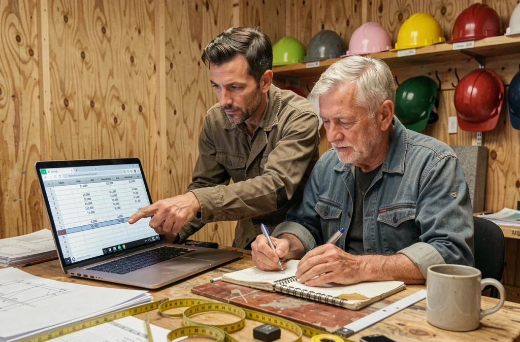 Deux ouvriers consultant un tableau de calcul de volume de dalle béton sur ordinateur portable dans un bureau de chantier