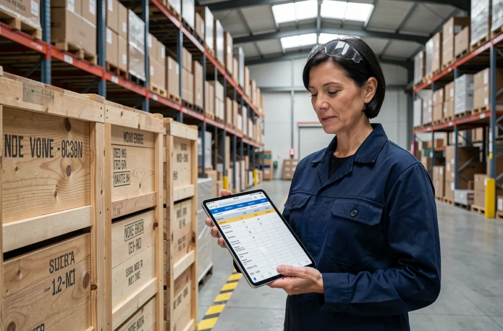 Femme en entrepôt consultant un tableau de conversion de mètres cubes sur une tablette numérique