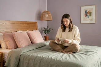 Chambre décorée en couleurs pastel avec oreillers rose blush, couette vert sauge et mur lavande, femme lisant sur le lit