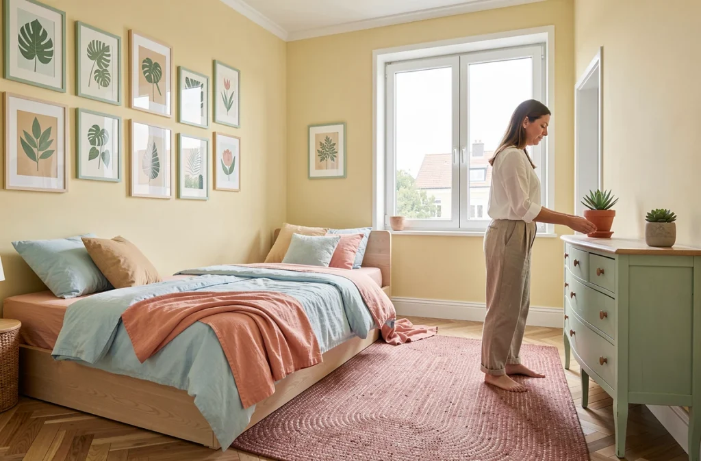 Chambre d'enfant redessinée avec murs jaune beurre, literie bleu ciel et corail, et mur galerie de prints botaniques pastel