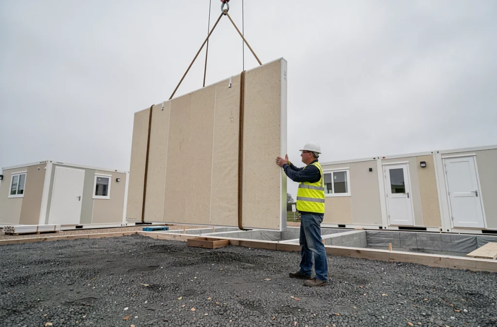 Ouvrier sur chantier guidant la pose d'un panneau préfabriqué lors du montage d'une maison modulaire