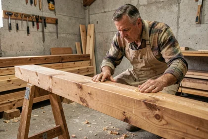 Charpentier expérimenté inspectant une solive en bois massif posée sur des chevalets dans un atelier de charpente