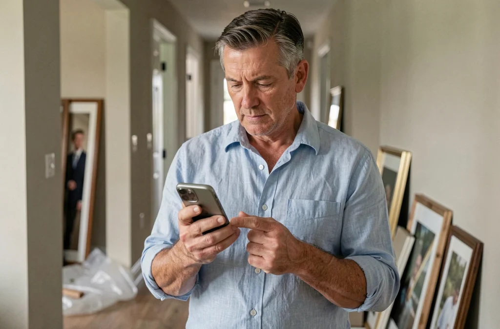 Homme consultant une liste d'abonnements sur smartphone dans un couloir en cours de déménagement