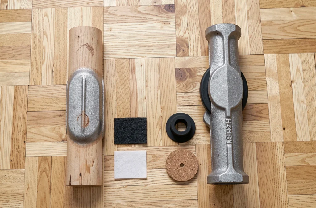 Comparaison de pieds de radiateur en fonte avec et sans protection sur parquet, accessoires protège-sol disposés à plat