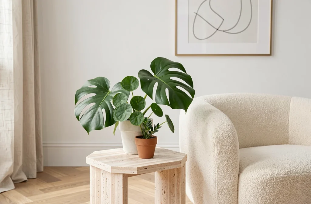 Composition de plantes d'intérieur épurées sur une table en travertin dans un salon moderne et lumineux
