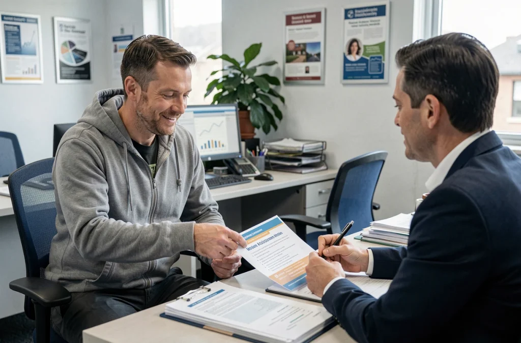 Homme consultant un conseiller financier dans un bureau administratif pour obtenir des aides à la mobilité et au déménagement