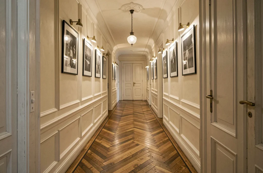 Couloir haussmannien étroit avec parquet en chevrons, appliques laiton et photos encadrées pour un éclairage raffiné