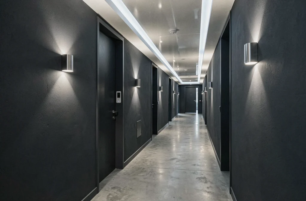 Couloir moderne aux murs anthracite avec ruban LED encastré et appliques murales pour un éclairage optimisé