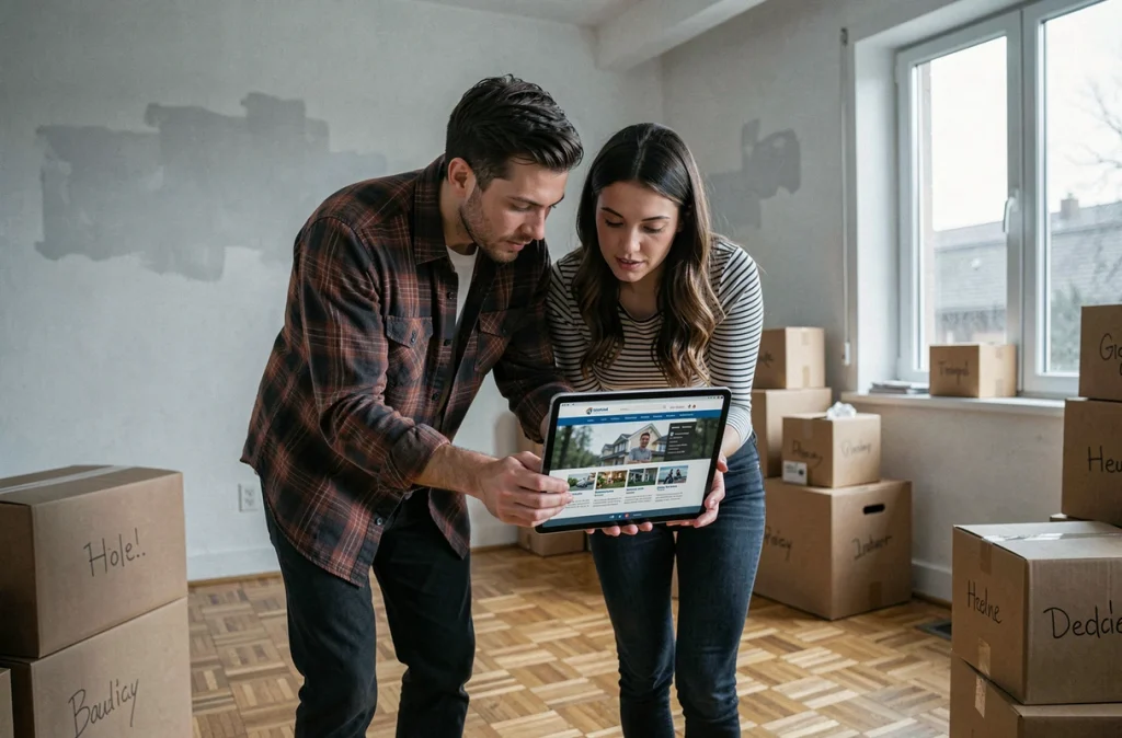 Couple consultant un site d'aides au déménagement sur une tablette dans un appartement rempli de cartons