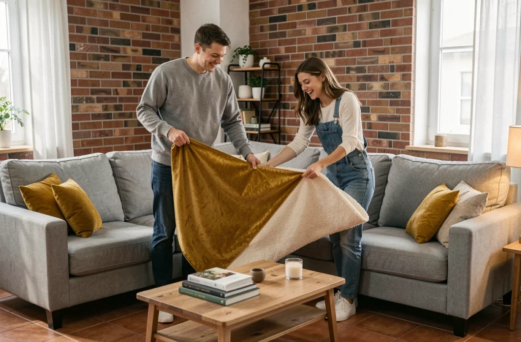 Couple changeant la housse réversible velours moutarde et bouclé blanc d'un canapé d'angle dans un appartement contemporain avec mur en brique