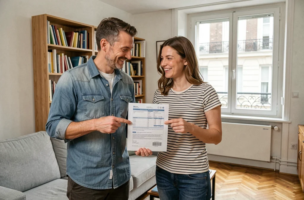 Couple tenant leur contrat d'assurance habitation pas cher dans leur appartement français
