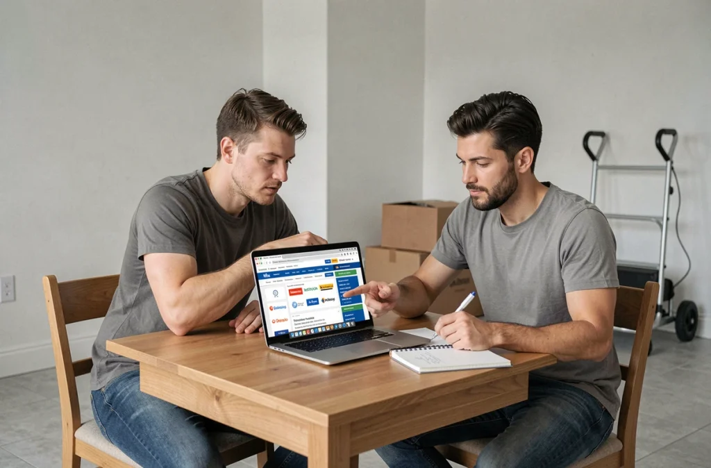 Couple gérant ensemble le transfert de leurs abonnements sur ordinateur dans un appartement vide avant déménagement
