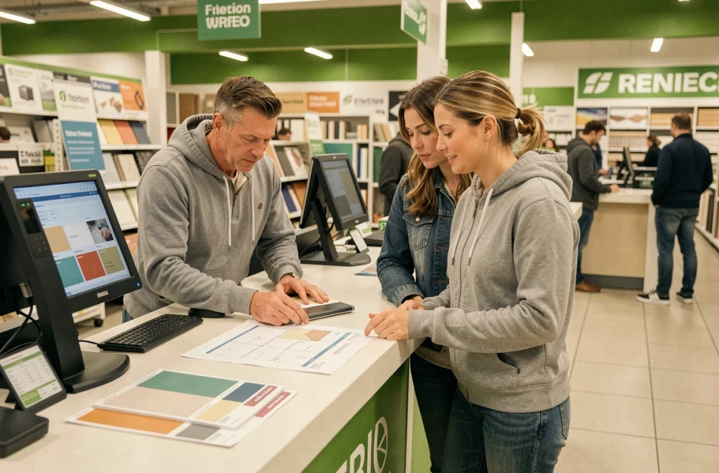 Couple planifiant des travaux de rénovation au comptoir d'un magasin Leroy Merlin avec des échantillons de peinture