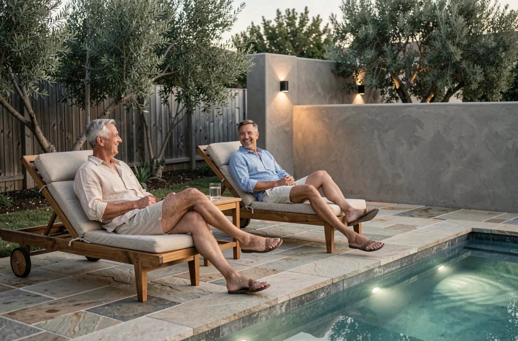 Couple profitant d'une soirée d'été au bord d'une piscine éclairée par des appliques murales et des spots immergés