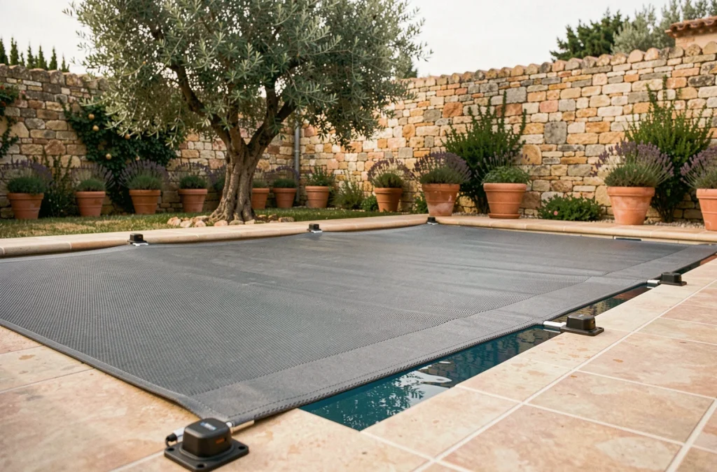 Piscine de jardin sécurisée avec une couverture de sécurité et des alarmes de détection en zone résidentielle