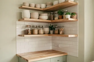 Petite cuisine optimisée avec des étagères murales en bois et des rangements verticaux malins pour gagner de l'espace