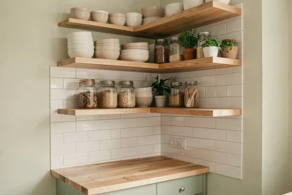 Petite cuisine optimisée avec des étagères murales en bois et des rangements verticaux malins pour gagner de l'espace