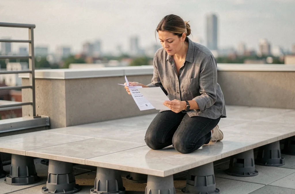 Femme comparant des devis pour une terrasse dalle sur plots en milieu urbain, vue de chantier de carrelage surélevé sur toit-terrasse