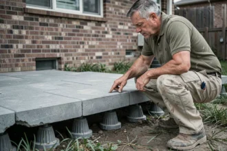 Ouvrier examinant une dalle sur plots en béton avec système de plots réglables visibles, chantier de terrasse surélevée en cours