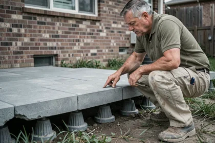 Ouvrier examinant une dalle sur plots en béton avec système de plots réglables visibles, chantier de terrasse surélevée en cours