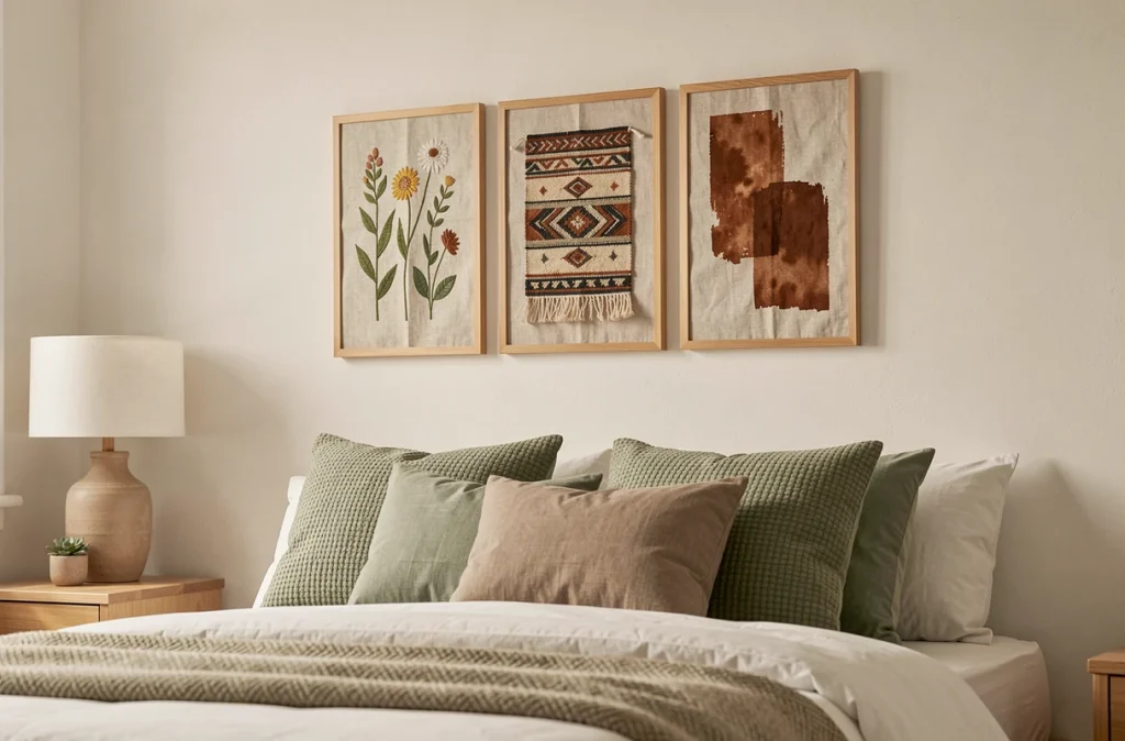 Composition murale de trois panneaux textiles encadrés avec broderies et tissages au-dessus d'un lit dans une chambre cosy