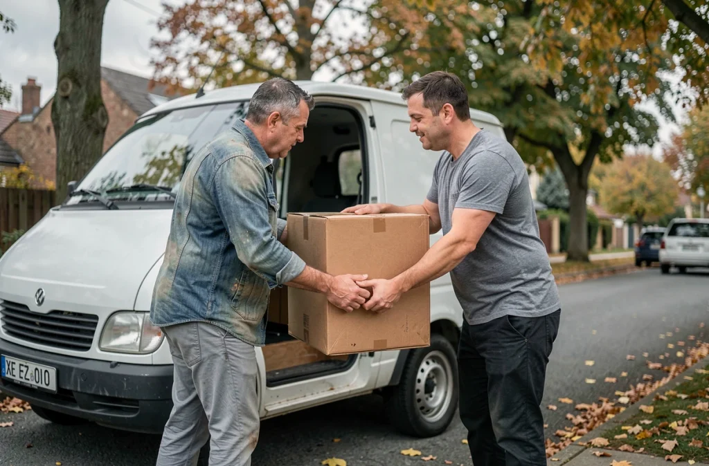 Deux hommes chargeant des cartons recyclés dans un camion de déménagement électrique en milieu urbain