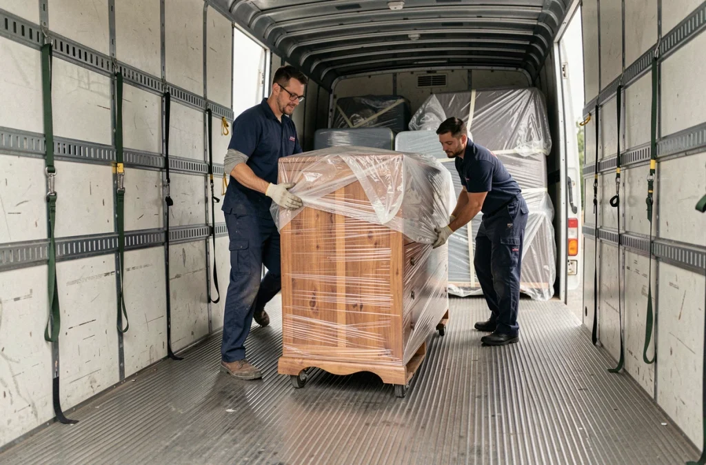 Deux déménageurs chargeant une commode enveloppée dans des couvertures de protection à l'intérieur d'un camion de déménagement