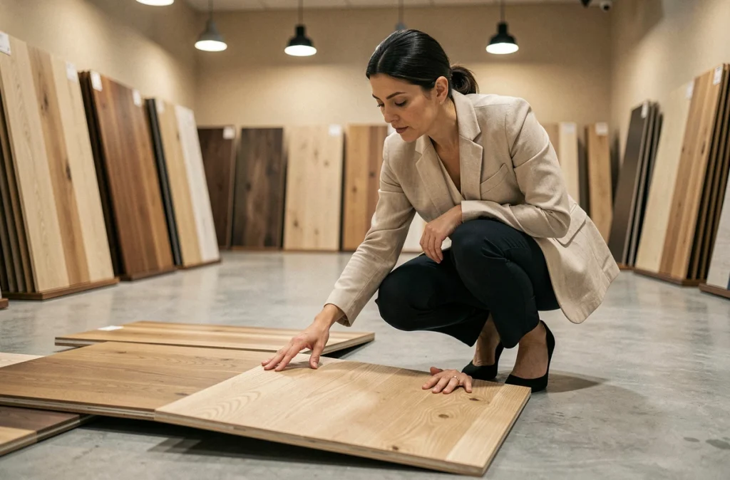 Architecte d'intérieur comparant des échantillons de parquet en bois dans un showroom