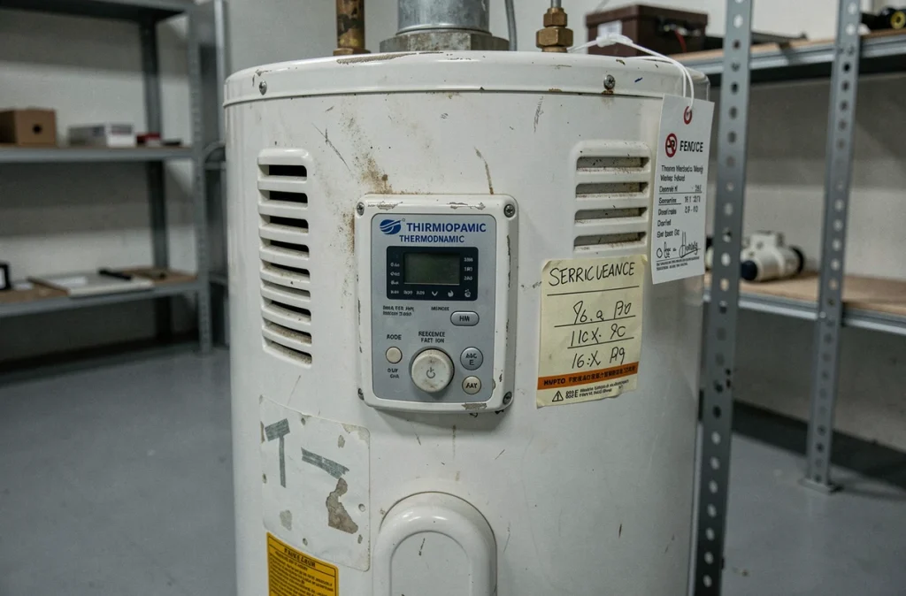 Gros plan sur un chauffe-eau thermodynamique vieillissant avec étiquette de maintenance et afficheur numérique