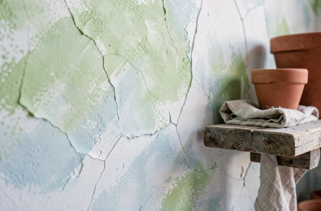 Gros plan sur la texture d'un mur en badigeon de chaux blanc cassé avec nuances bleues et étagère en bois brut