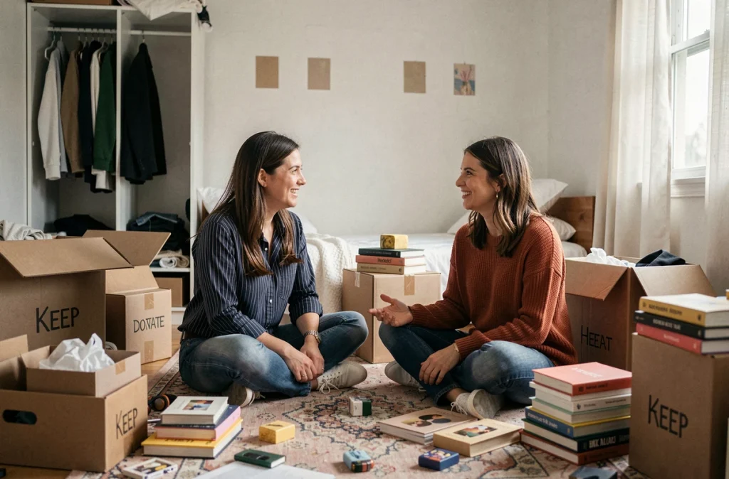 Deux femmes triant des livres et des objets personnels dans une chambre pendant un désencombrement avant déménagement