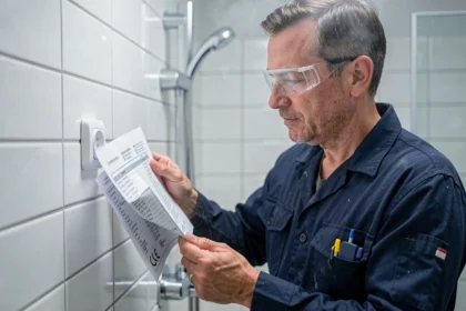 Électricien inspectant une prise électrique certifiée IP44 dans une salle de bain carrelée