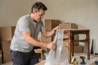 Homme enveloppant une chaise ancienne en bois avec du papier bulle avant un déménagement