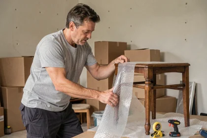 Homme enveloppant une chaise ancienne en bois avec du papier bulle avant un déménagement